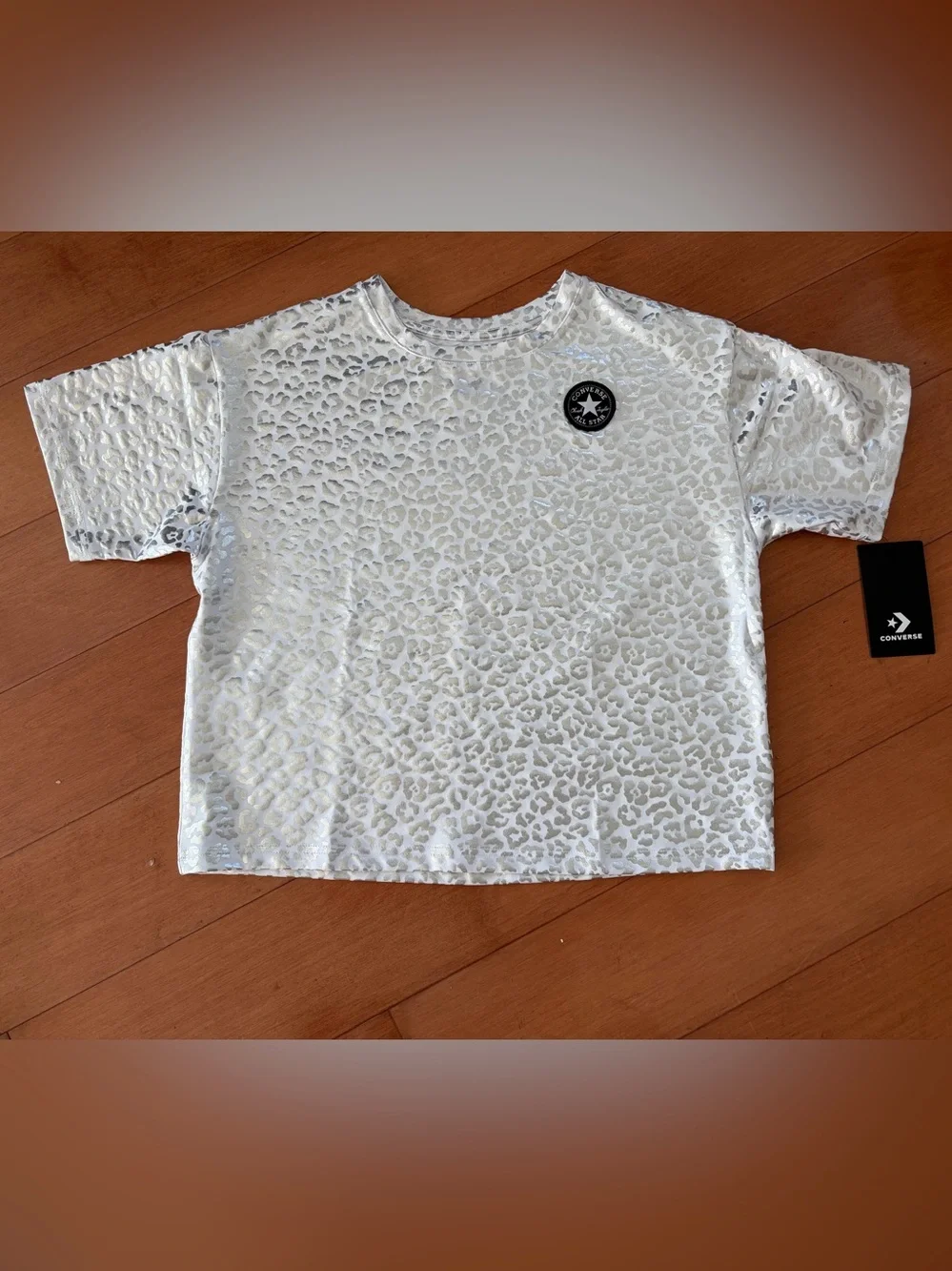 Converse Big Girl Metallic Silver Leopard Print Tee, XL